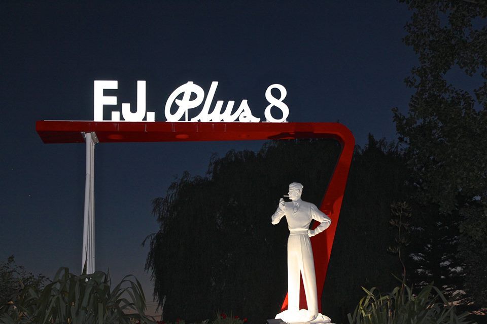The new Plus 8 Man and letters light up at night in the FJ Gardens for a few hours with solar.  Photo: John McInnes