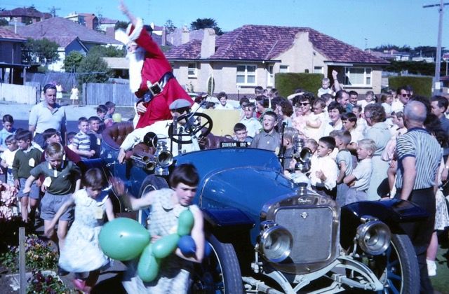 Santa arrives at one of FJs Christmas Parties.  Photo: thanks to Tim Carlton