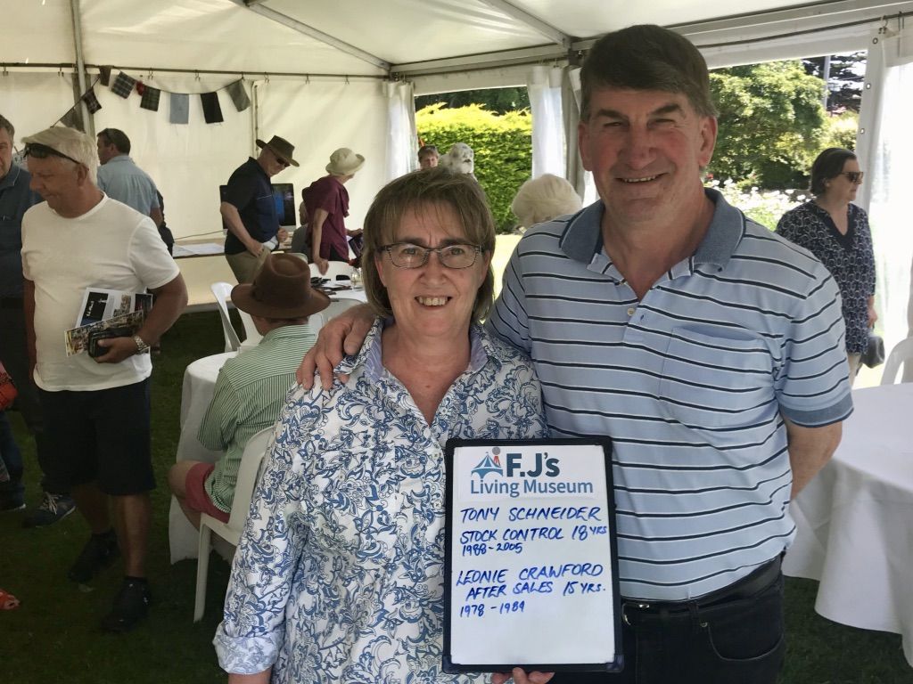 Tony Schneider worked at FJ's in Stock Control for 18 years and Leonie Crawford worked in After Sales for 15years.  They shared stories in the FJ Living Museum.  Photo: Tonia Wilcox 