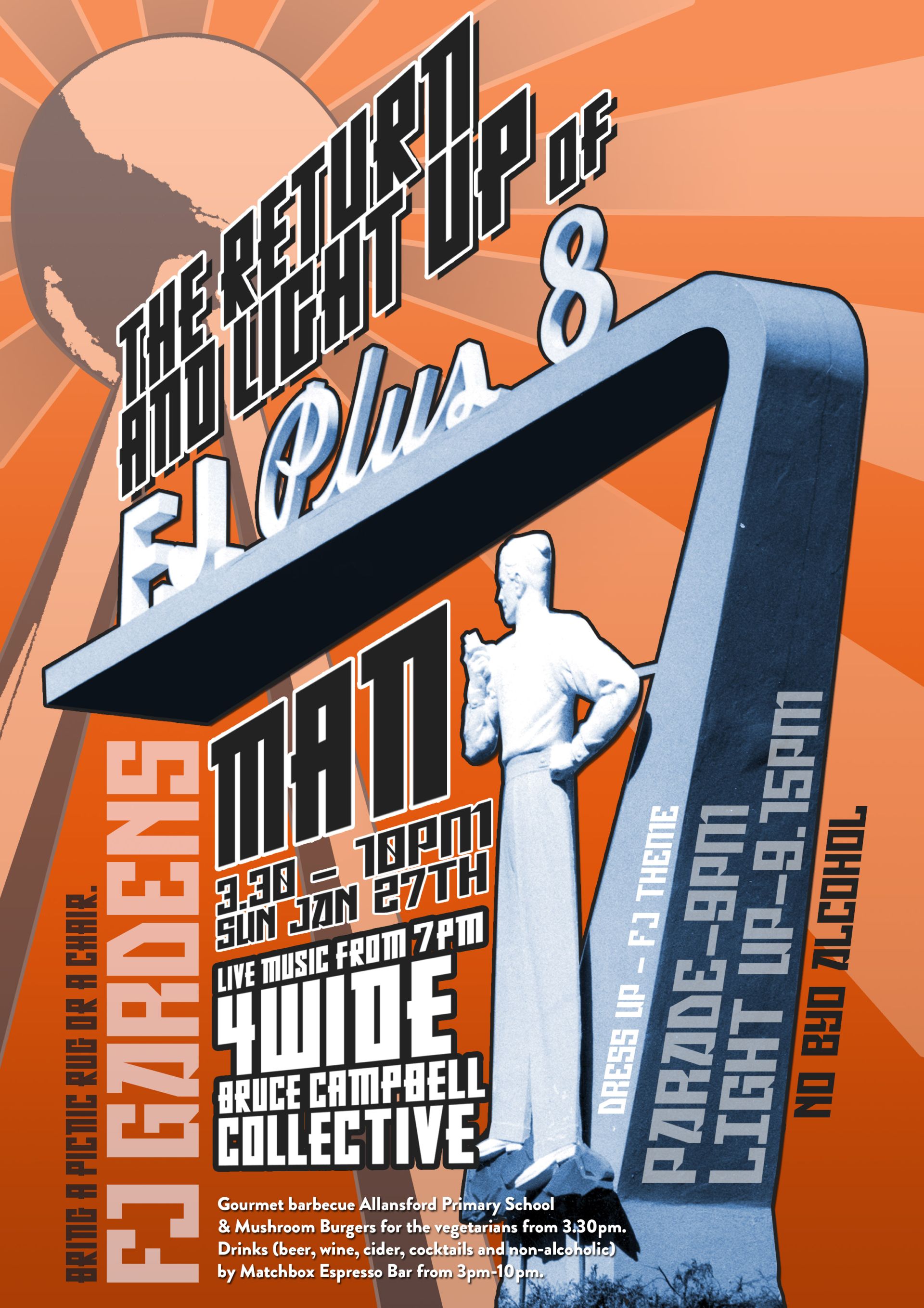 Poster for the Plus 8 Man party to celebrate his return and light up. Design: Tim Umney 