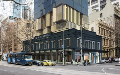 The newly opened Vibe Hotel at 1 Queens St Melbourne with the old Fletcher Jones store and Plus 8 Men clearly visible. 
