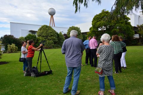 Colleen Hughson filming the announcement of the successful grant application to fix the Silver Ball - see her video below.  Photo: Rhonda McDonell. 