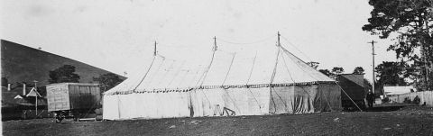 FJs 120ft Marquee with trucks trading at Naracoorte 1923. Photo courtesy of Jones Family Collection