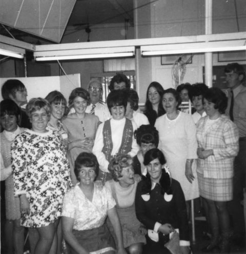 The Cuff Cuties - Trouser Cuff section FJs.  Photo: Colette Harper (front left standing.  Colette worked at FJs for several long periods from 1965 up until 2000).  