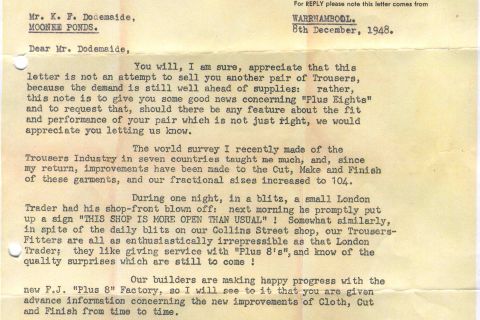 1948 letter sent to customers of Plus 8 trousers inviting their feedback.  Loaned by Lawson Ryan
