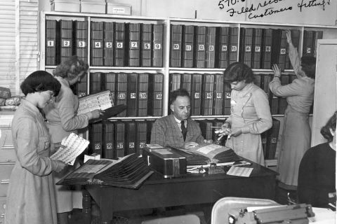 Mail order staff with part of the FJ extensive filing system - 1952.  Photo: Jones Family Collection 