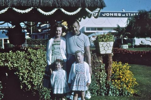 Julie Eagles, FJ Stories Project Coordinator bottom right with her sister Debbie, and parents Margaret and Des in the FJ Gardens in the 1960s.  Photo: Eagles Family Collection. 