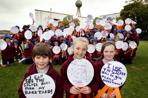 East Warrnambool Primary School kids with their Silver Ball messages in the FJ Gardens in 2012. Image from the Warrnambool Standard 