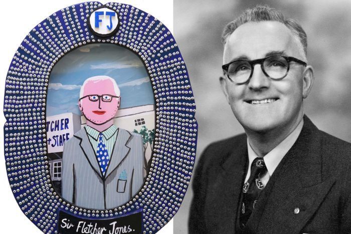 A photo of Fletcher Jones, circa 1950s, alongside Glenn Morgan's sculptural portrait of him later in life. ABC South West Victoria, Emily Bissland.