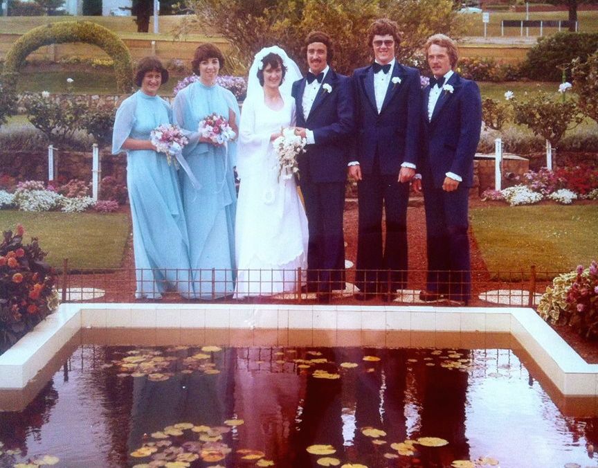 NOT the bridesmaid who fell in the pond! Photo of Glenda McGennan's bridal party in front of the pond in the FJ gardens. NOT the bridesmaid who fell in the pond! Photo of Glenda McGennan's bridal party in front of the pond in the FJ gardens.