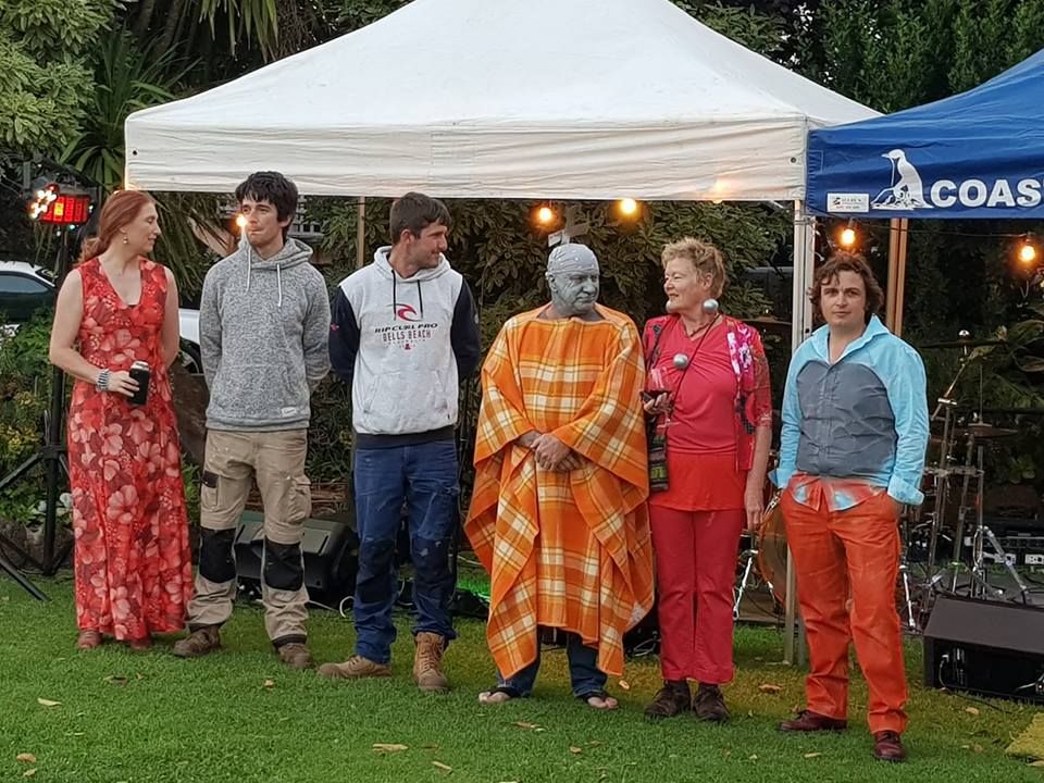 L-R Tonia Wilcox- Save the Silver Ball group, Stuart and Adam Hunter who installed the lights, Pete Smith and Matt Reeves, both from South Coast Cranes or Hire Australia with Julie Eagles in Silver Ball jewellery at the Light Up the Silver Ball party in Fletcher's Gardens, December 20th,2017.  Photo: Rhonda McDonell