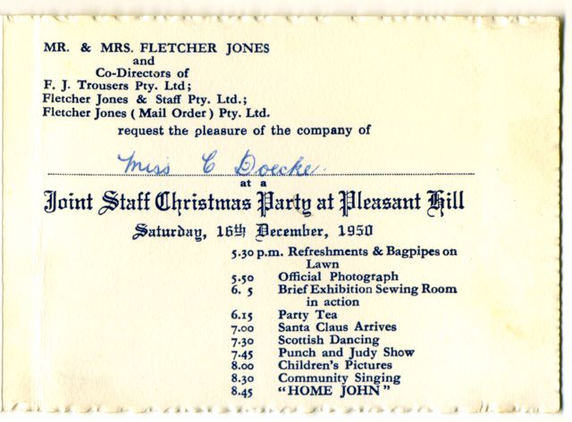 1950 FJ staff Christmas Party invite and program.  Shared by Clare Trigg (nee Doecke) 