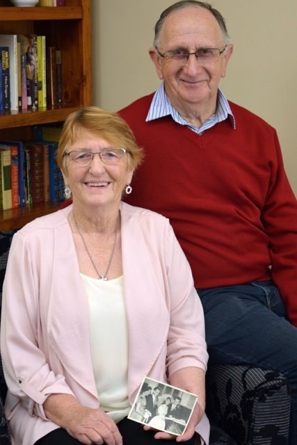 Jean and Wally Paton with their wedding photo at one of the FJ Stories morning teas. Photo: Rhonda McDonell