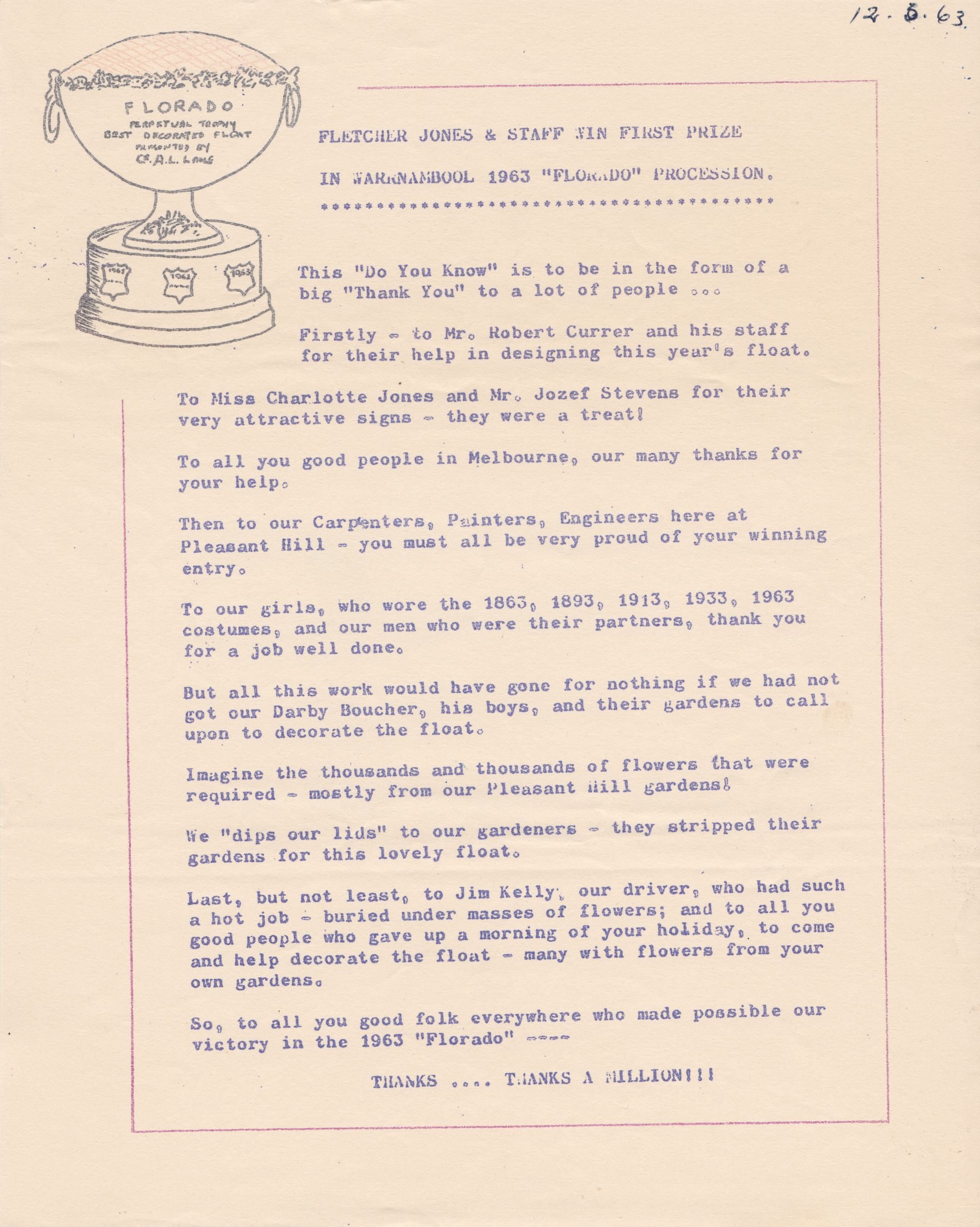 FJ Staff Bulletin detailing the 1963 win. Shared by the Jones Family FJ Staff Bulletin detailing the 1963 win. Shared by the Jones Family
