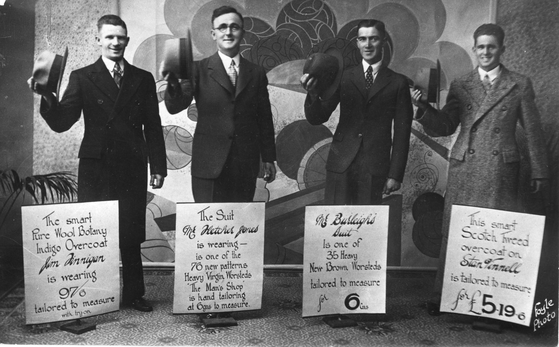 FJ fashion parade in the 1930s with L-R Jim Finnegan, Fletcher Jones, Bert Burleigh, Stan Vinell. Photo: Jones Family Collection FJ fashion parade in the 1930s with L-R Jim Finnegan, Fletcher Jones, Bert Burleigh, Stan Vinell. Photo: Jones Family Collection