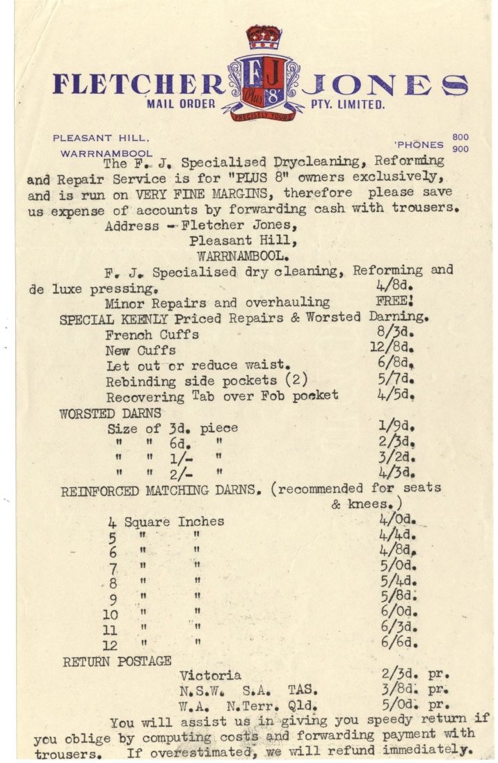 The Dry-cleaning, Reforming and Repair Service charges pre-decimal currency rates.  There's a story of the man who left 20 pounds in his trouser pocket by accident and it was sent back immediately too. That'll win lifelong loyalty from your customers! 