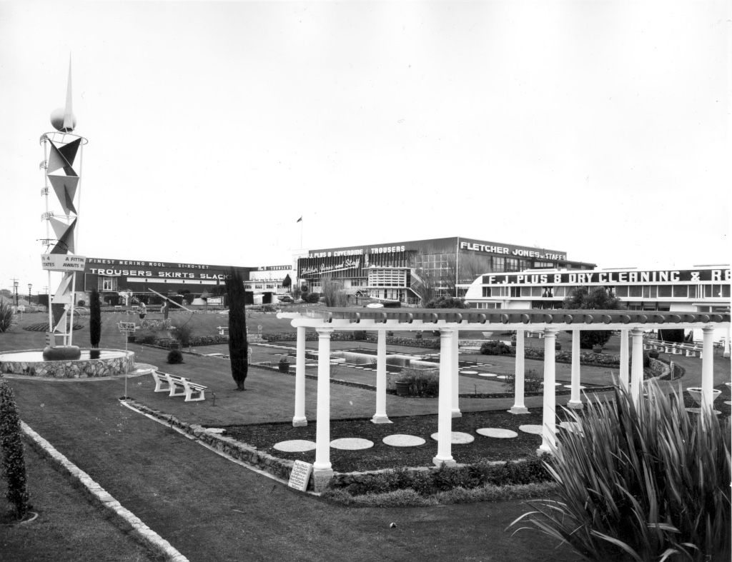 The small sphere and trylon on top of a sculpture in 1961.  While the small cone and sphere are still in the garden, this larger structure no longer exists in the gardens.  Photo: Jones Family Collection  