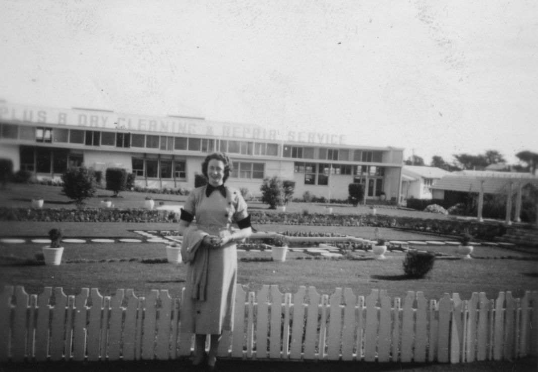 Mum's friend Joan in front of FJs in1954 -photo Margaret Eagles 