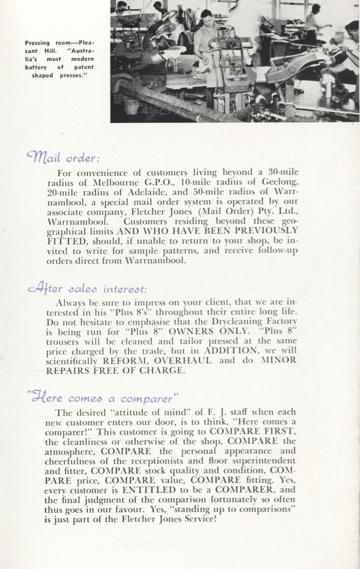 "Always be sure to impress on your client that we are interested in his 'Plus 8s' throughout their entire long life."  From FJ Staff booklet loaned by Lawson Ryan.