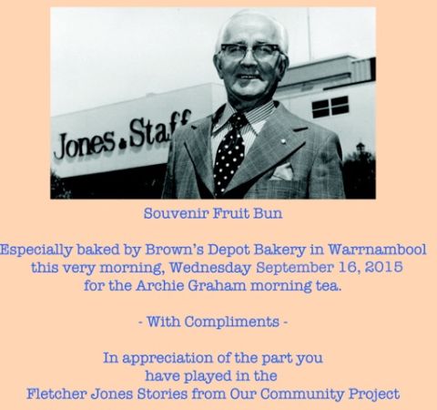 At each of the morning teas, we gave people a fruit bun especially baked from a local bakery in a specially printed bag to echo the Balfours Bun story shared by Tim Carlton. http://www.fjstories.org.au/balfour-buns-and-£1-note 
