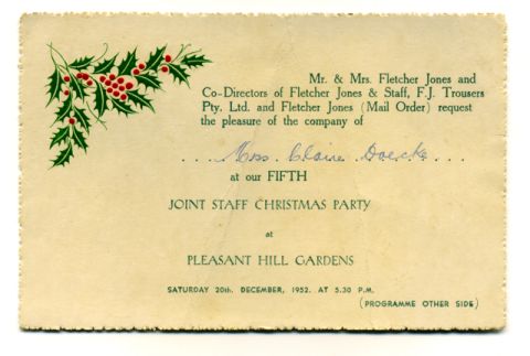 1952 FJ staff Christmas Party invite.  Shared by Clare Trigg (nee Doecke)