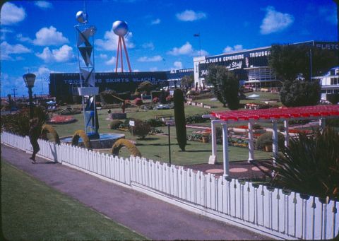 The sculpture with the trylon and perisphere on top inspired by the 1939 New York Fair in the gardens in the 60's.  Note that it was in a pond!  Photo shared by Karen Raymond from her father's collection.  