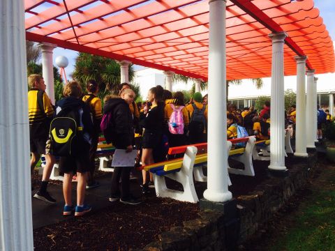 Under the pergola, ready to tour the site. Photo: Julie Eagles 