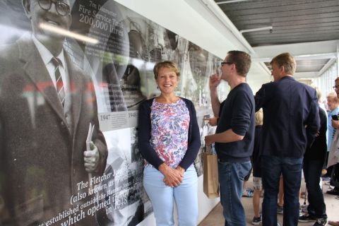 Rena Cotter, granddaughter of Fletcher Jones just after the unveiling of the FJ Story Panel at the 2015 community Christmas picnic in the FJ gardens.  Photo: Colleen Hughson 