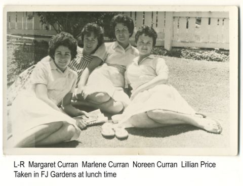 The four Curran sisters from Dennington all worked at Fletcher Jones at the same time.  In the photo, three of the sisters, Margaret, Marlene and Noreen are relaxing with their friend Lillian in the FJ gardens one sunny lunchtime.   Betty joined her sisters at the end of 1960 and she said then all the sisters would have been together in the gardens on a sunny day.Photo shared by Noreen (Curran) Stapleton.   