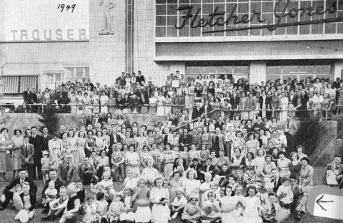 FJ Christmas Party, 1949.  Arrow bottom right corner points to Wally Ferguson holding Ian Ferguson as a boy.  Photo: Shared by Michelle Ferguson.