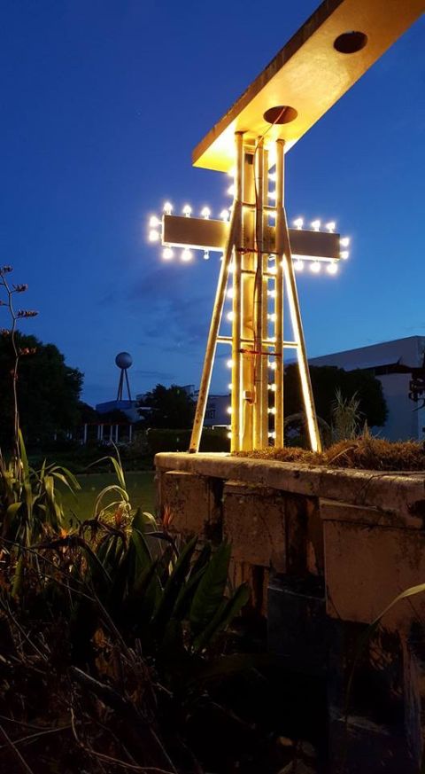 The lost silver ball cross found and installed in the FJ gardens 2015