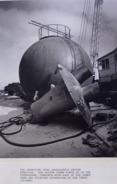 Bottom crown plate of the ball with part of the inner tank and attached extensions of the tower columns. Jones Family Collection held by Melbourne Uni Archives 