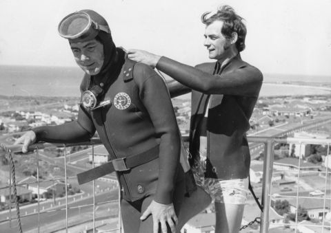 John Woolf and Bill Johnson on top of the ball as John prepares for the dive inside to check the electrified anodes!  December 1972.  Photo:taken by Alan Beales and loaned thanks to John Woolf.