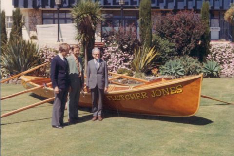 L-R David Jones, Bruce Owen and Neil Symons with the Fletcher Jones surfboat early 1960s. The boat has now been fully restored and is on display at the Warrnambool Surf Club. Photo: shared by David Owen 