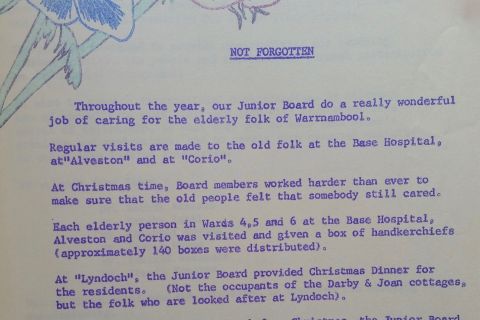 There are many Do You Knows or FJ Daily Staff Bulletins that tell of the service by FJ Staff generally and by FJ Junior Board in particular. This one from 1971 tells of their activities caring for the "elderly folk of Warrnambool."  