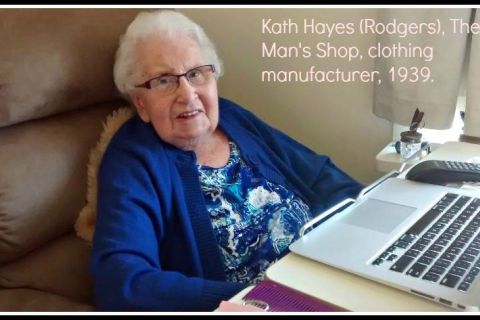 Kath Hayes (Rodgers) worked from the Man's Shop from 1939.  Here she is looking at old FJ photos from the FJ Stories Project on a laptop.  Photo: Carol Altmann 