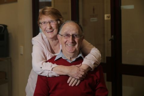 Jean and Wally Paton with their wedding photo at one of the FJ Stories morning teas. Photo: The Warrnambool Standard