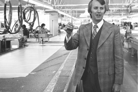 David Jones with the new computer driven cloth cutter in 1975. Photo: Jones Family Collection 