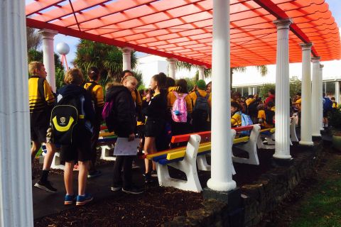 Under the pergola, ready to tour the site. Photo: Julie Eagles 