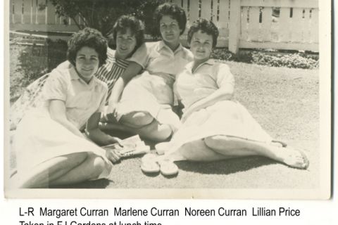 The four Curran sisters from Dennington all worked at Fletcher Jones at the same time.  In the photo, three of the sisters, Margaret, Marlene and Noreen are relaxing with their friend Lillian in the FJ gardens one sunny lunchtime.   Betty joined her sisters at the end of 1960 and she said then all the sisters would have been together in the gardens on a sunny day.Photo shared by Noreen (Curran) Stapleton.   