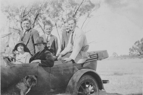 Rena Jones with FJ staff travelling with Digger the dog- not a red retriever so not the dog of this story!  Photo: Jones Family Collection 