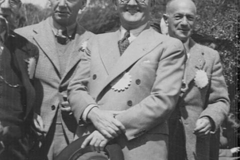 Fletcher Jones (holding hat) at a Rotary Conference, 1950s. Photo: Jones Family Collection