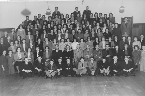 FJ trouser staff 1947 before the move to Pleasant Hill and at the time the author of 'Me and Mr. Jones' joined the staff. Ms Betty Rust is seated 6th from the left in the second row next to Fletcher Jones. Photo: Jones Family Collection 