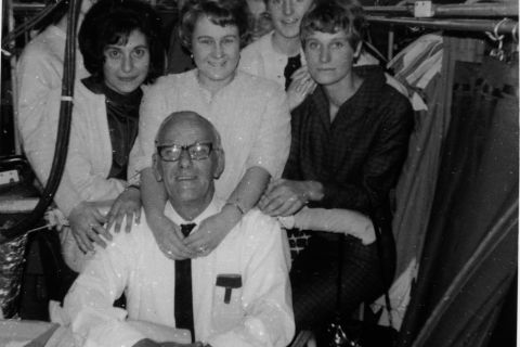 Horace Verey seated and the Cuff Section at Fletcher Jones - an example of one of the small units where consultative processes such as stand-up meetings and quality circles worked to find better ways to perform particular jobs.  Photo: Colette Harper