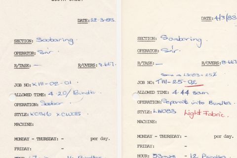 Quota sheets from FJs showing how long the task should take and how much the bonus was for every one over quota.  Shared by Fran McKane