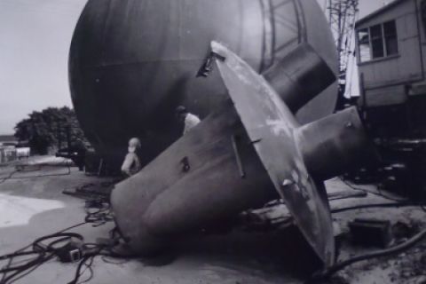 Bottom crown plate of the ball with part of the inner tank and attached extensions of the tower columns. Jones Family Collection held by Melbourne Uni Archives 